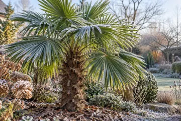 Fächerpalme mit leichtem Raureif in einem winterlichen Garten