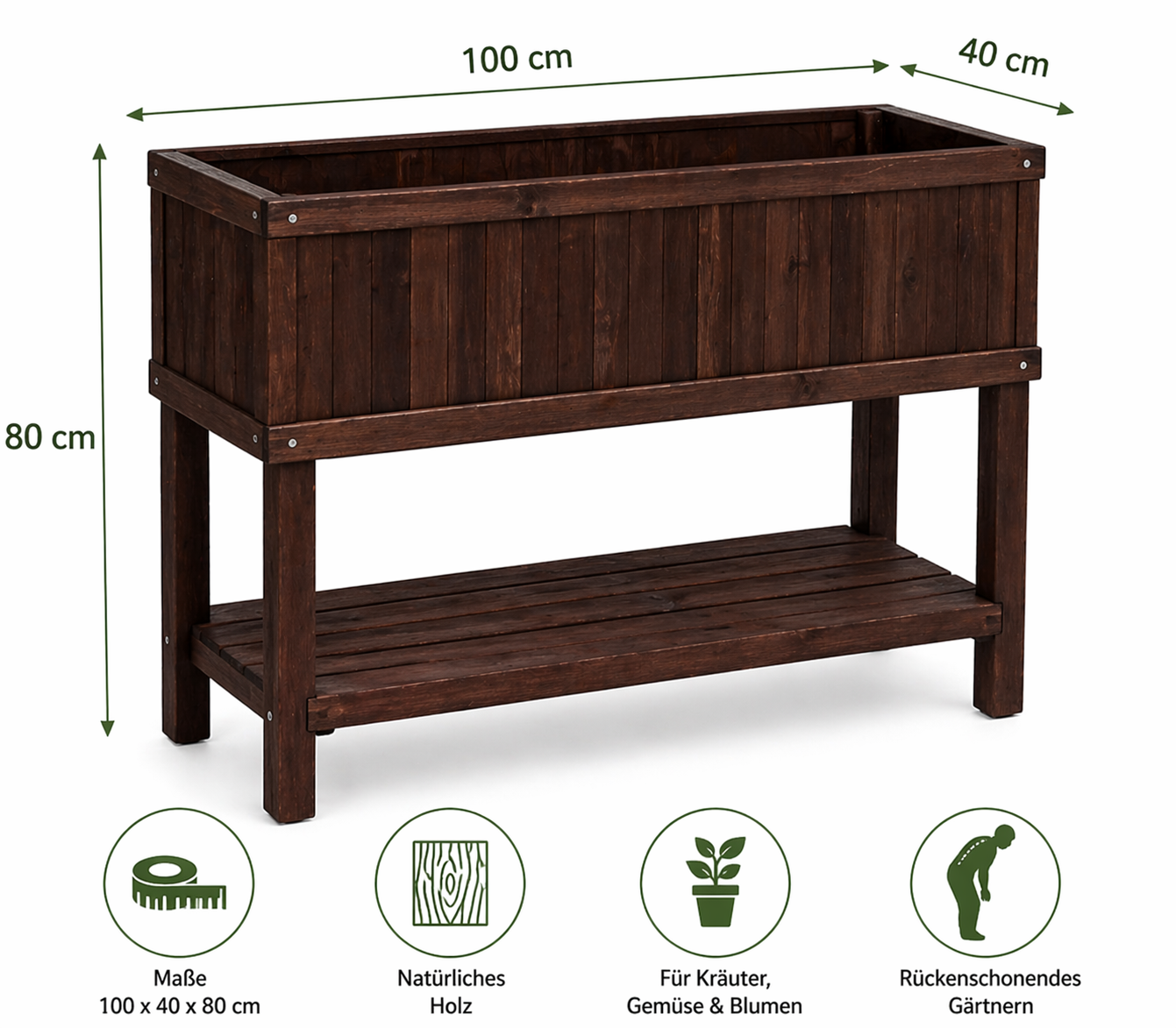 Hochbeet Holz braun 100x40x80 cm Maße Ansicht ohne Pflanzen