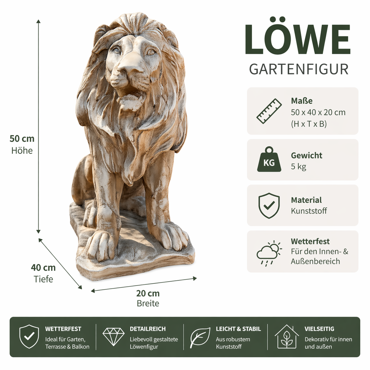 Löwenfigur Garten Maße 50x40x20 cm – wetterfeste Gartenfigur mit Gewicht und Materialangaben