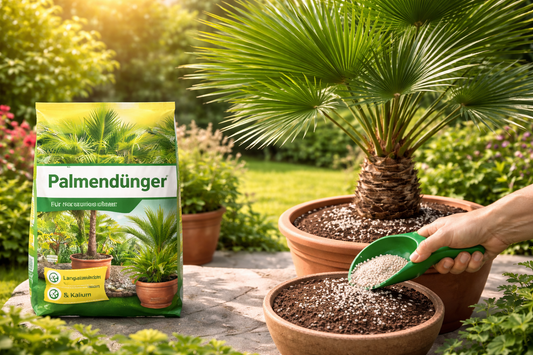 Palmendünger Anwendung bei Palme im Kübel im Garten für kräftige grüne Wedel