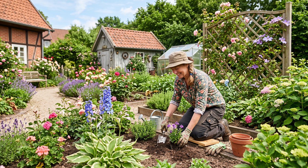 Gartenpflege mit blühenden Pflanzen im Grünen
