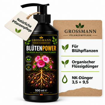 Blütenpower Flüssigdünger 500 ml – Organischer NK-Dünger 3,5 + 9,5 | GROSSMANN Pflanzenpflege