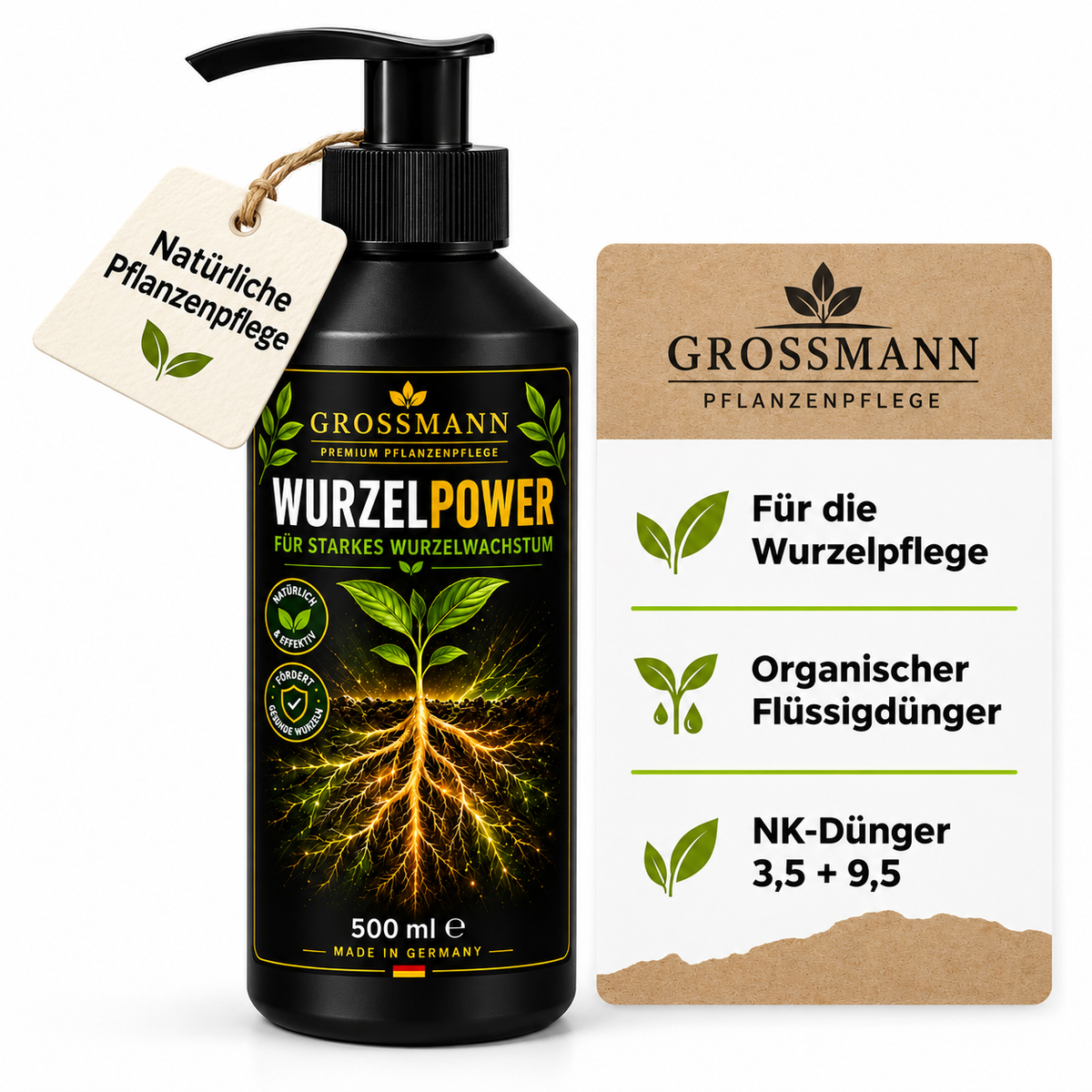 Wurzelpower Flüssigdünger 500 ml – Organischer NK-Dünger 3,5 + 9,5 | GROSSMANN Pflanzenpflege