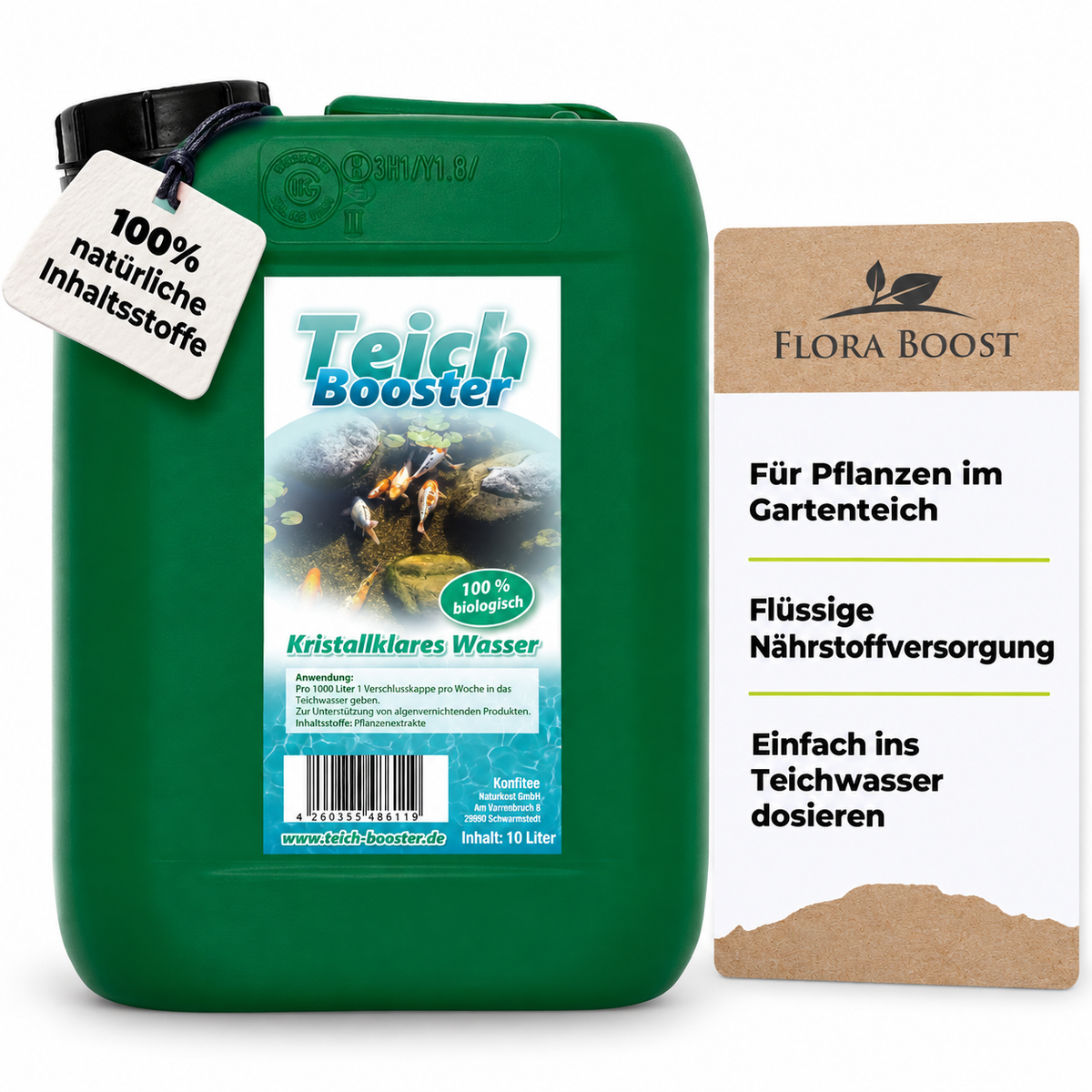 Flora Boost teichpflanzen 10 Liter mit Halsanhänger und passenden Produktinformationen