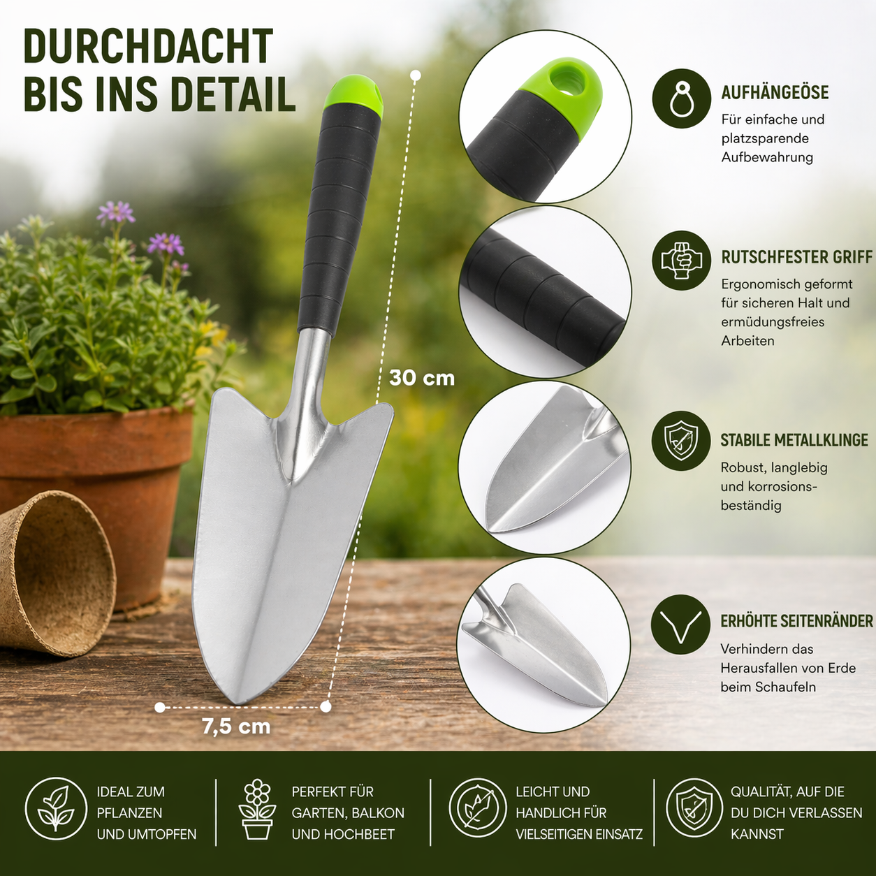 Hand Gartenschaufel 30 cm Infografik mit Details ergonomischer Griff Metallklinge Pflanzkelle für Garten Balkon Hochbeet