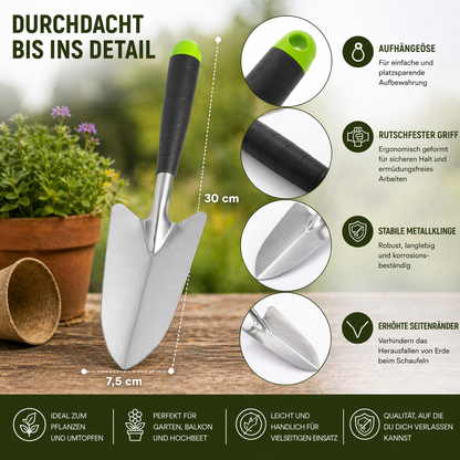 Hand Gartenschaufel 30 cm Infografik mit Details ergonomischer Griff Metallklinge Pflanzkelle für Garten Balkon Hochbeet