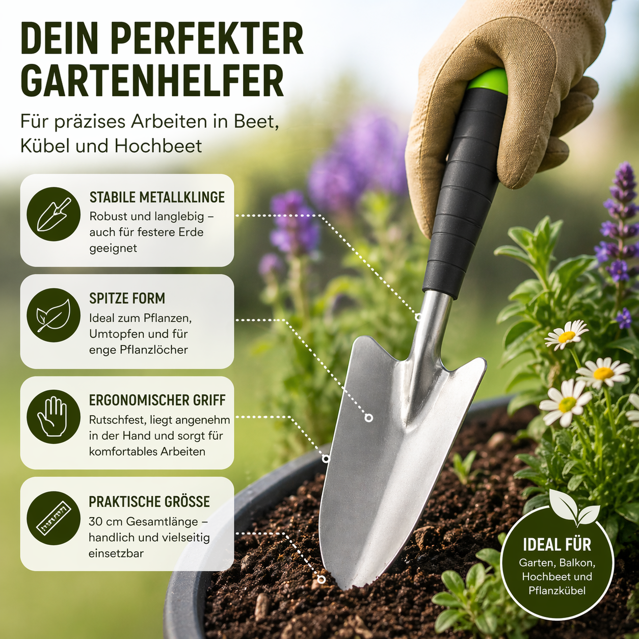 Hand Gartenschaufel Pflanzkelle im Einsatz beim Pflanzen im Blumentopf ideal für Garten Balkon und Hochbeet