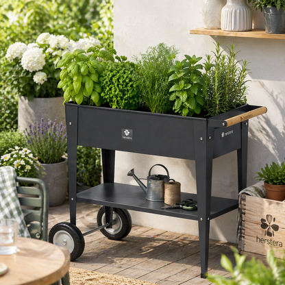 Herstera Urban Garden Trolley Hochbeet auf Rädern in Anthrazit mit Kräutern auf Balkon Terrasse