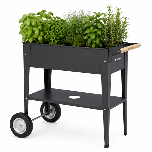 Herstera Urban Garden Trolley Hochbeet auf Rädern in Anthrazit mit Kräutern für Balkon und Terrasse