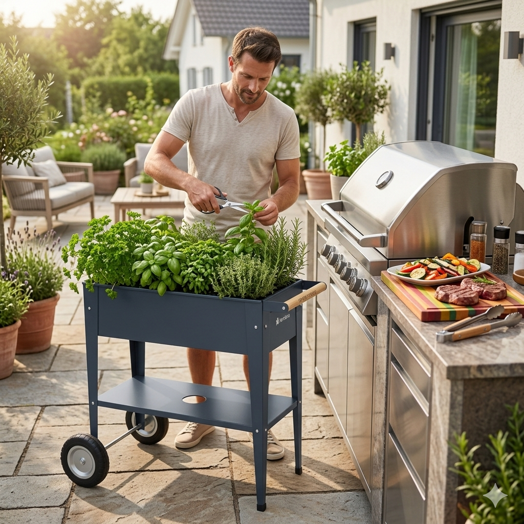 Herstera Hochbeet auf Rädern mit Kräutern auf Terrasse neben Grill beim Ernten