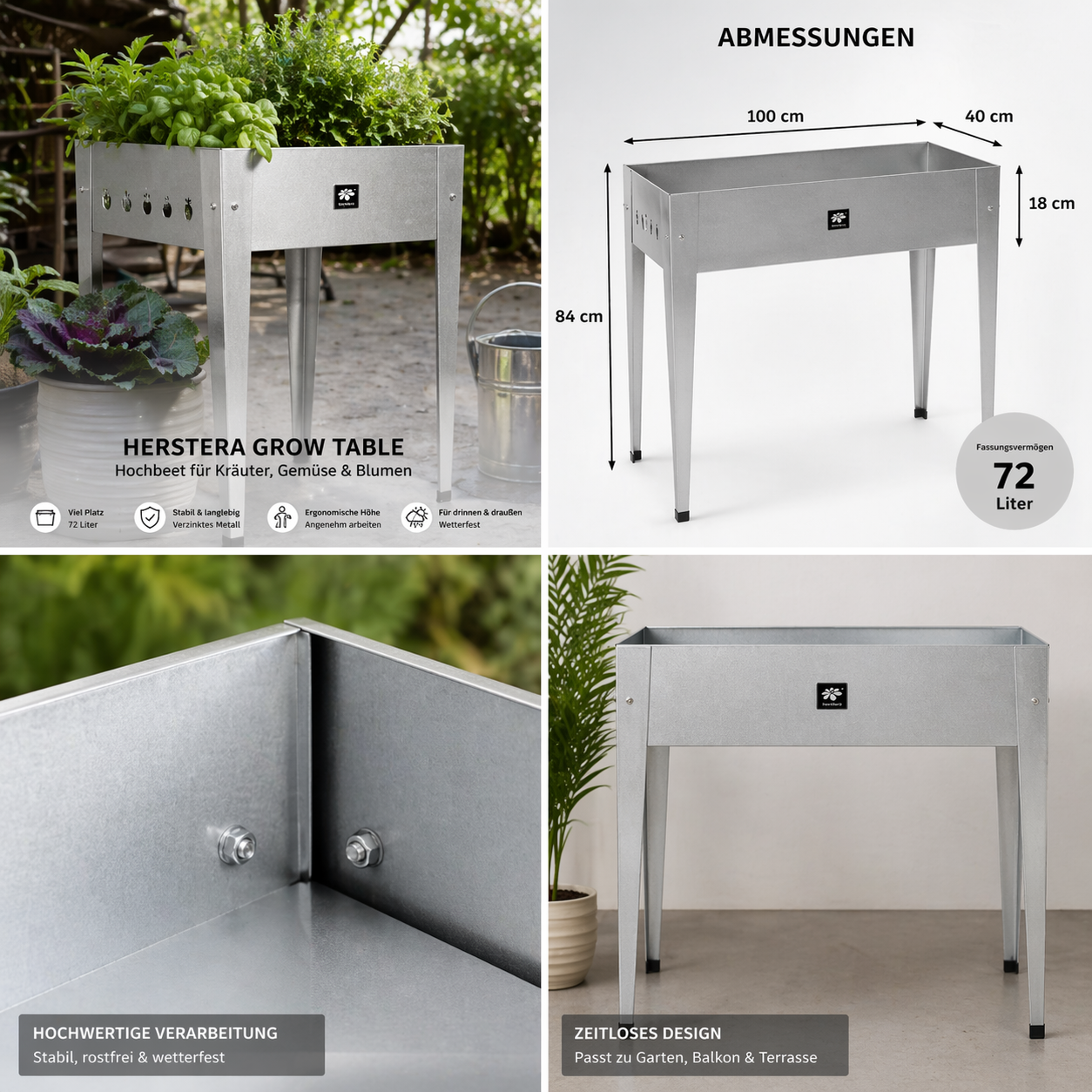 Herstera Hochbeet Metall Grow Table mit Maßen, 72 Liter Volumen und Detailansicht Verarbeitung