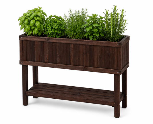 Holz Hochbeet braun 100x40x80 cm mit frischen Kräutern für Balkon und Terrasse