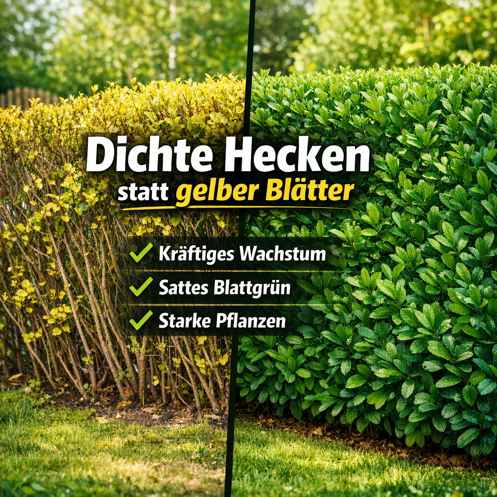 Kirschlorbeer Hecke vorher nachher Vergleich mit und ohne Dünger – gelbe Blätter vs. dichtes grünes Wachstum