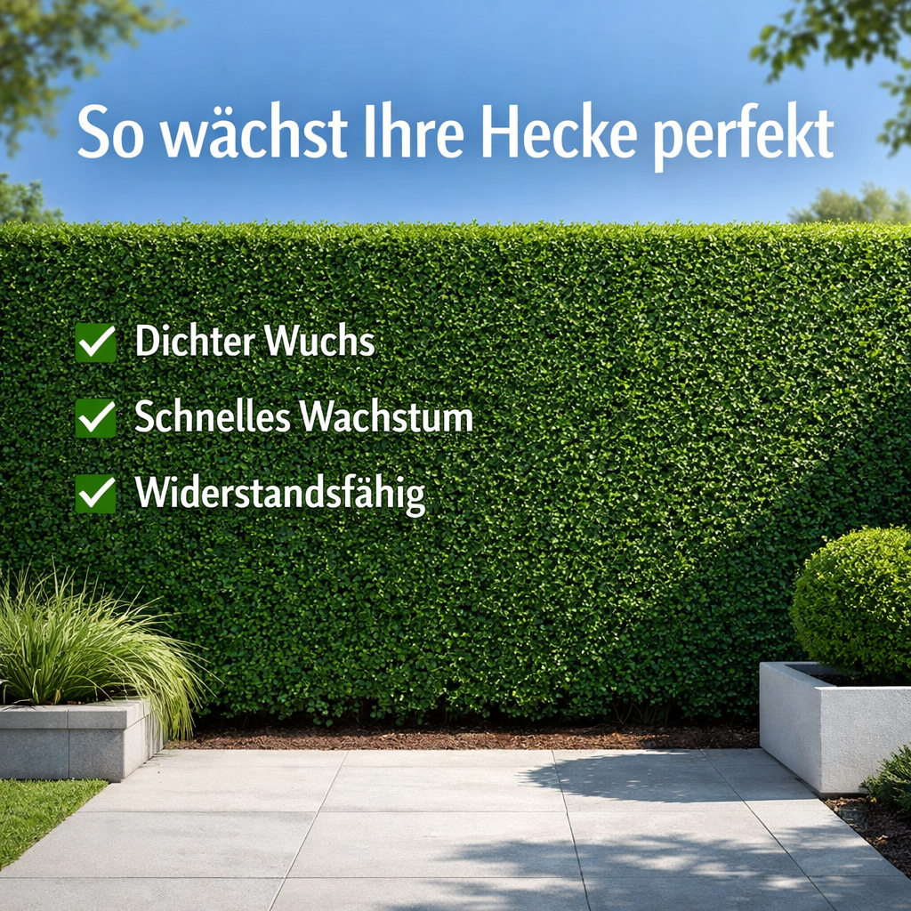 Dichte und gesunde Kirschlorbeer Hecke mit kräftigem Wachstum und sattgrünen Blättern nach Düngung