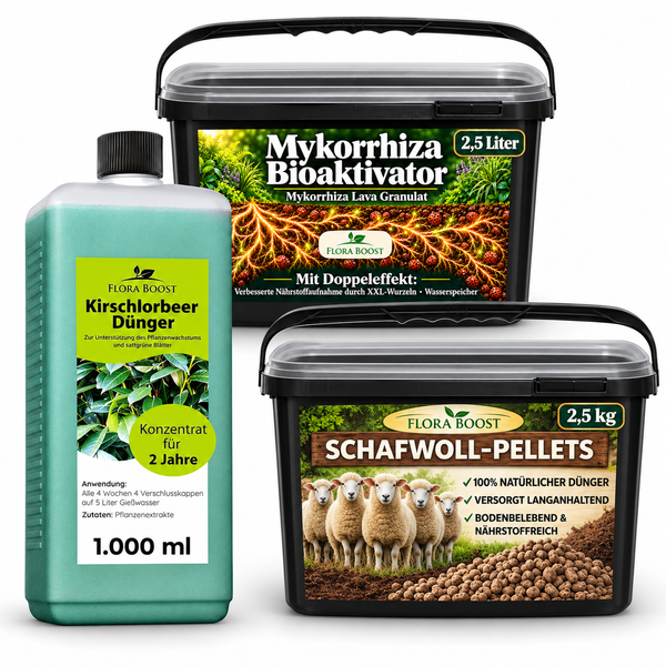 Kirschlorbeer Vorteilspaket: 1 Liter Flüssigdünger, 2,5 Liter Mykorrhiza und 2,5 kg Schafwollpellets – KI-gestützte Produktvisualisierung