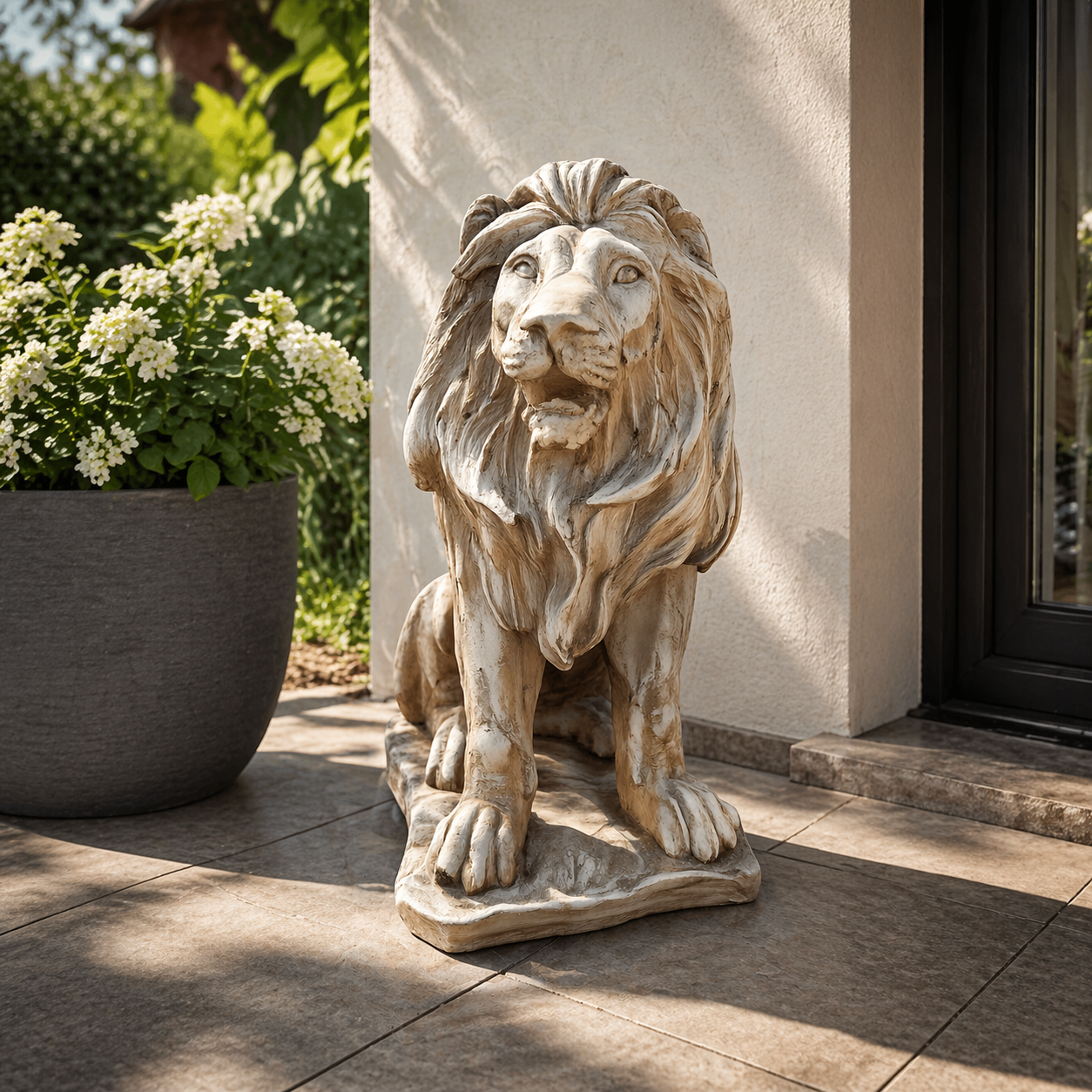 Löwenfigur auf Terrasse vor Hauseingang – wetterfeste Gartenfigur als stilvolle Dekoration