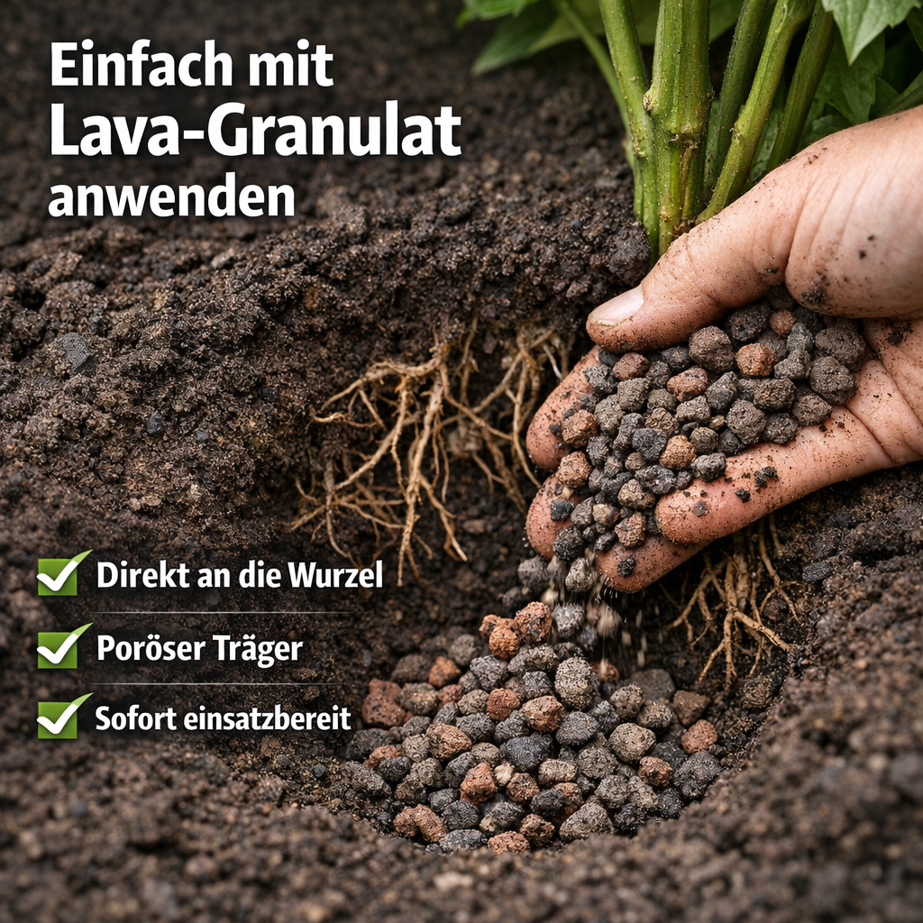 Mykorrhiza Bioaktivator mit Lava Granulat direkt im Wurzelbereich anwenden