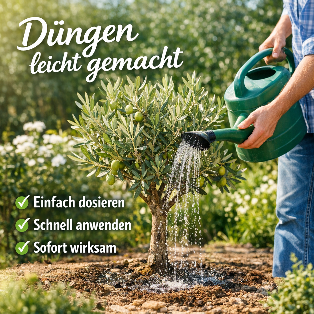Olivenbaum düngen durch Gießen im Garten für gesundes Wachstum und starke Pflanzen