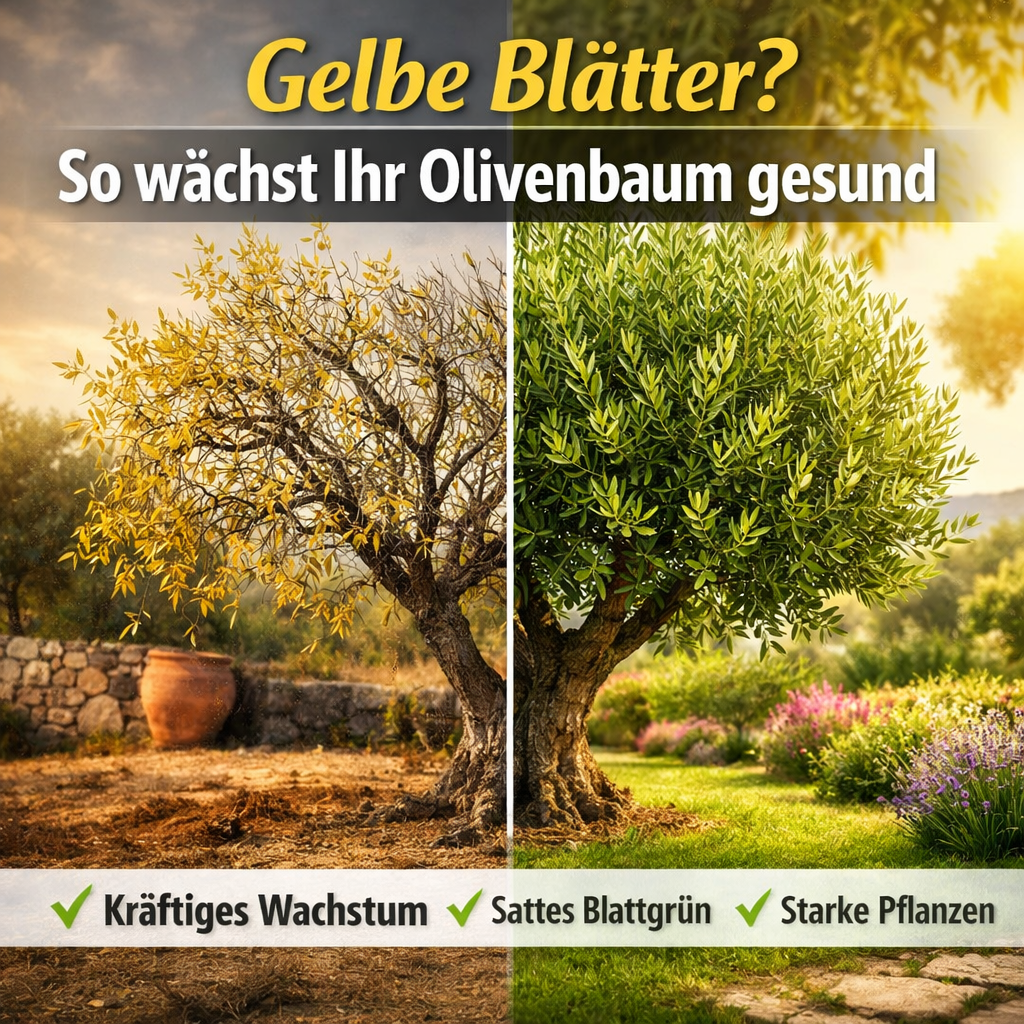 Olivenbaum vorher nachher Vergleich mit gelben Blättern und gesundem Wachstum nach Düngung