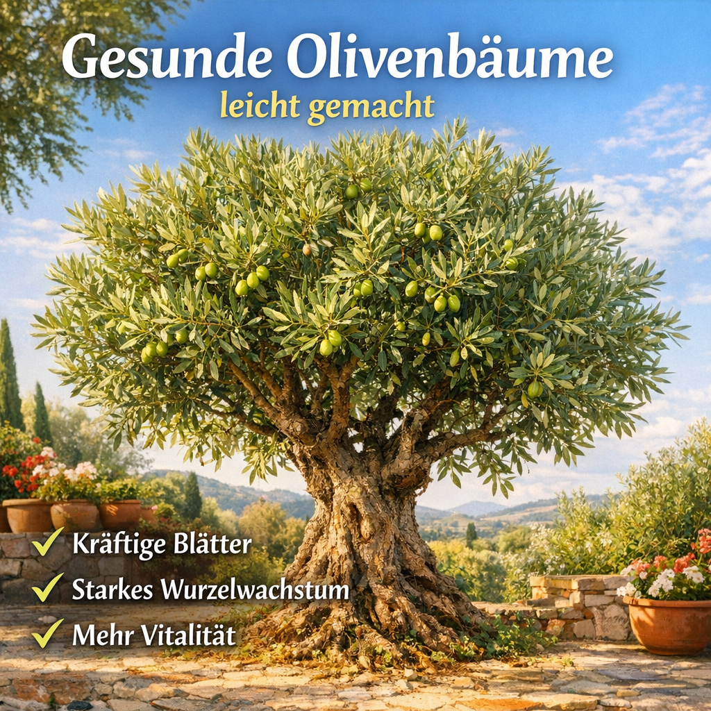 Gesunder Olivenbaum mit kräftigem Wachstum und sattgrünen Blättern im Garten