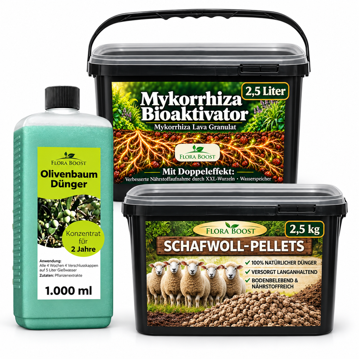 Olivenbaum Vorteilspaket: 1 Liter Flüssigdünger, 2,5 Liter Mykorrhiza und 2,5 kg Schafwollpellets – KI-gestützte Produktvisualisierung