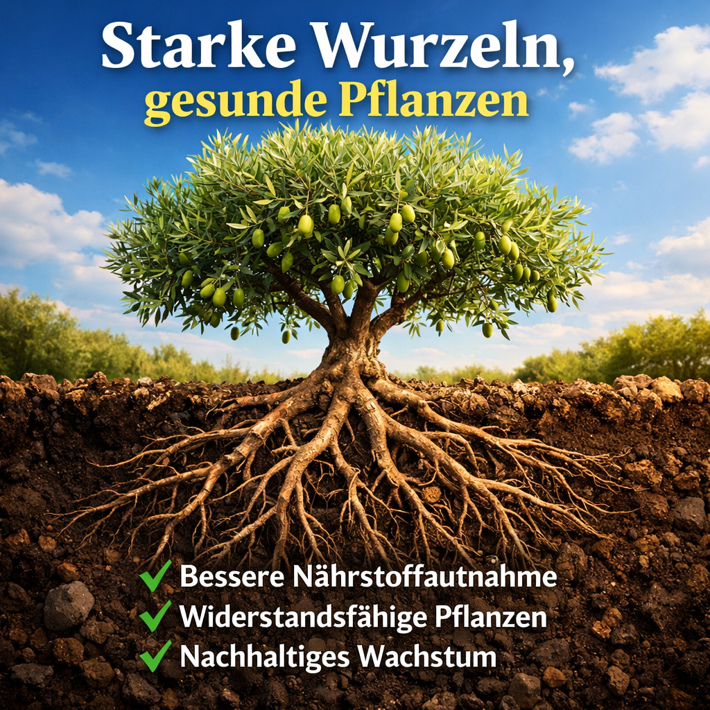 Starkes Wurzelsystem eines Olivenbaums für bessere Nährstoffaufnahme und gesundes Wachstum