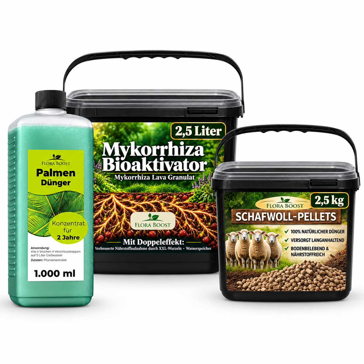 Palmen Vorteilspaket: 1 Liter Flüssigdünger, 2,5 Liter Mykorrhiza und 2,5 kg Schafwollpellets – KI-gestützte Produktvisualisierung