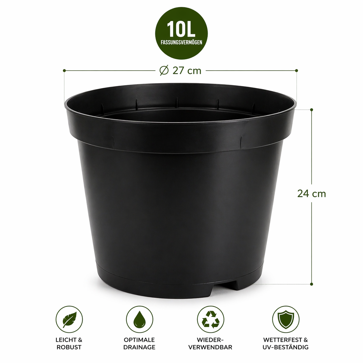 Pflanztopf 10 Liter aus Kunststoff mit Maßen Durchmesser 27 cm und Höhe 24 cm sowie Drainage und wetterfesten Eigenschaften