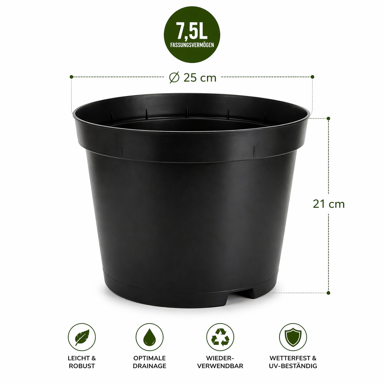 Pflanztopf 7,5 Liter aus Kunststoff mit Durchmesser 25 cm und Höhe 21 cm sowie Drainage und wetterfesten Eigenschaften