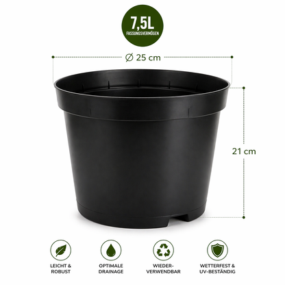 Pflanztopf 7,5 Liter aus Kunststoff mit Durchmesser 25 cm und Höhe 21 cm sowie Drainage und wetterfesten Eigenschaften