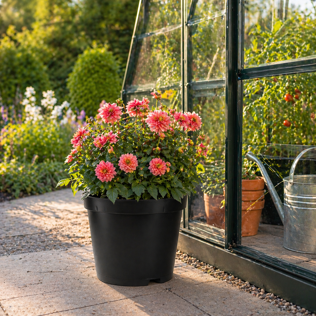 Pflanztopf aus Kunststoff mit blühenden Blumen neben Gewächshaus im Garten – ideal für Balkon, Terrasse und Gartenpflanzen