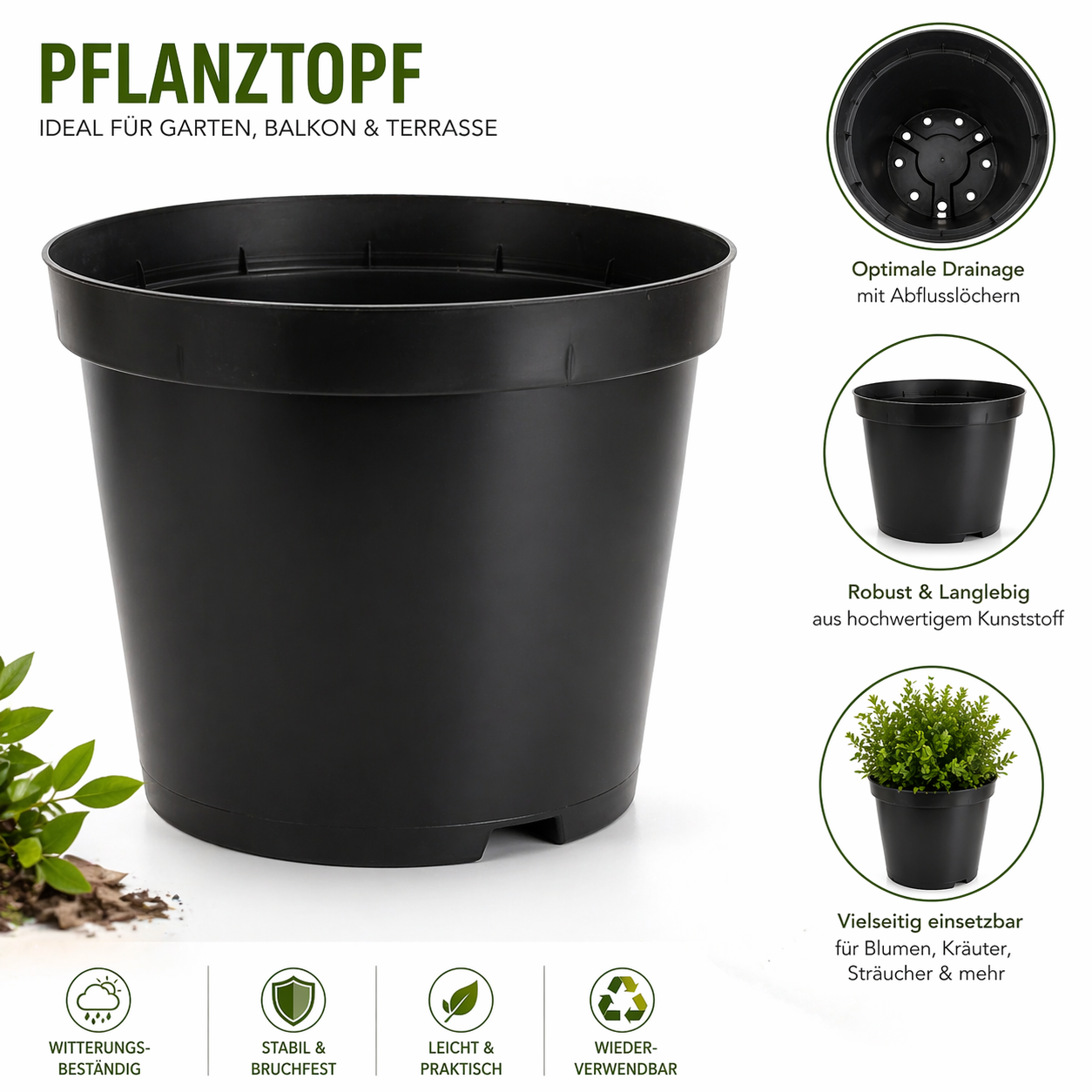 Pflanztopf aus Kunststoff mit Eigenschaften wie Drainage, robustem Material und wetterfest für Garten, Balkon und Terrasse