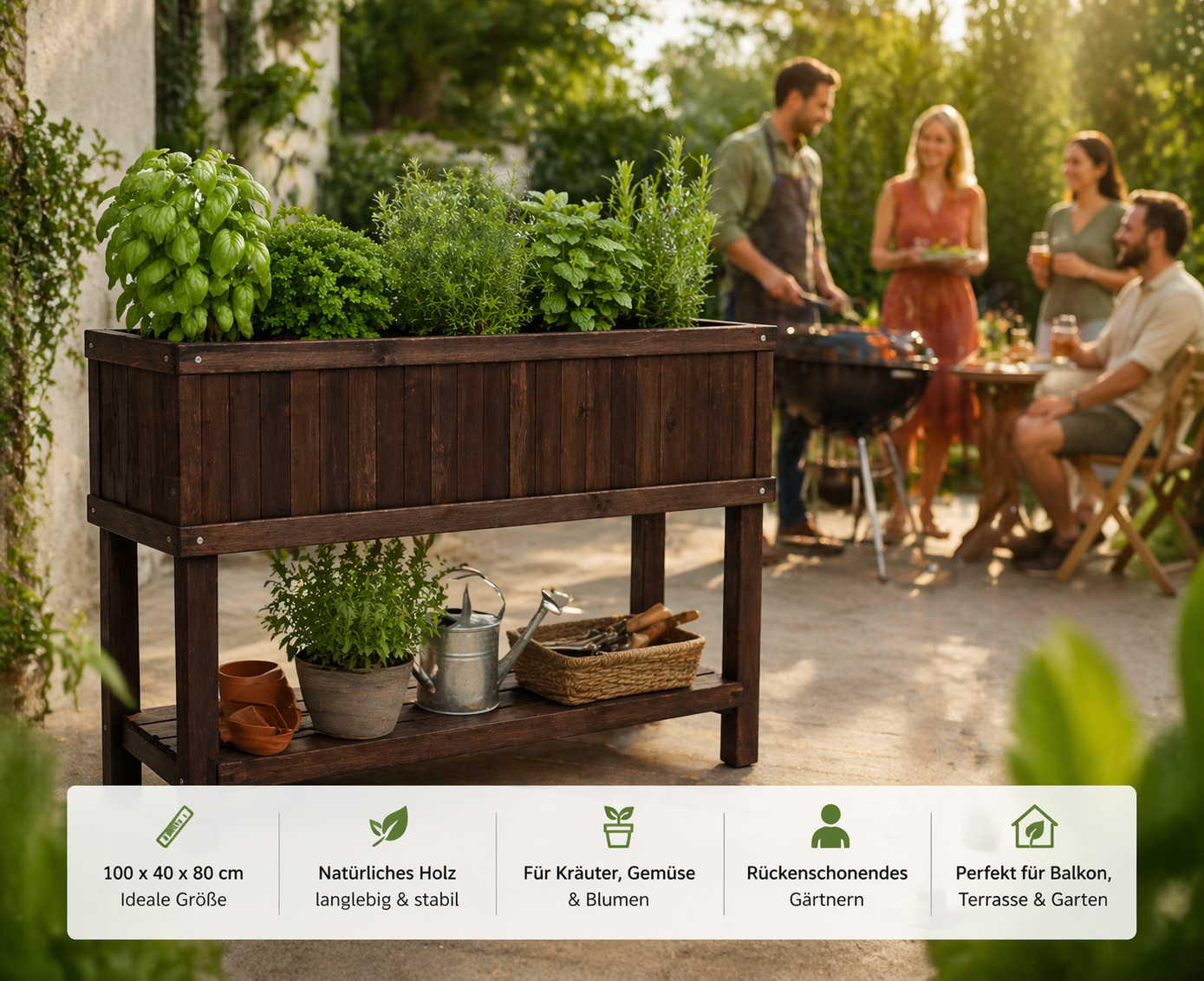 Holz Hochbeet 100x40x80 cm Braun – Kräuterbeet für Balkon & Terrasse –  Flora Boost