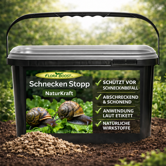 Schnecken Stopp von Flora Boost – Produktabbildung mit Anwendungshinweis